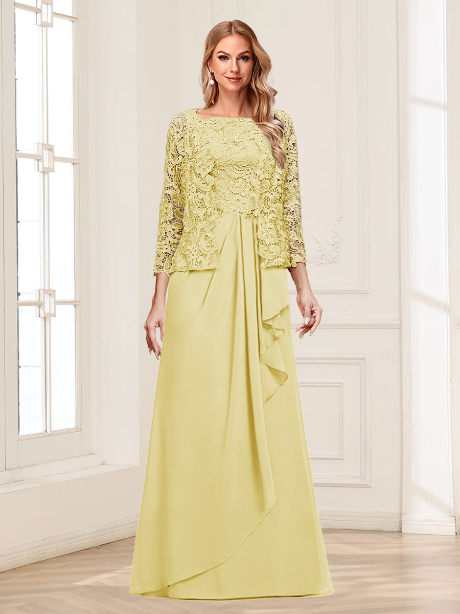 Lace Chiffon Square Neck 3/4 Sleeves 2 Pieces Mother of the Bride Dresses with Appliques & Jacket