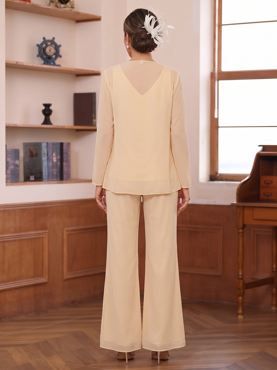Pantsuits 3 Pieces V-Neck Long Sleeves Floor-Length Mother of the Bride with Sequins & Jacket