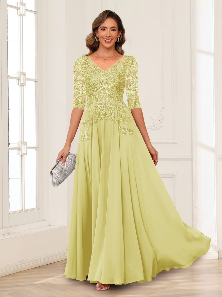 A-Line/Princess V-Neck Long Sleeves Chiffon Mother of the Bride Dresses with Applique