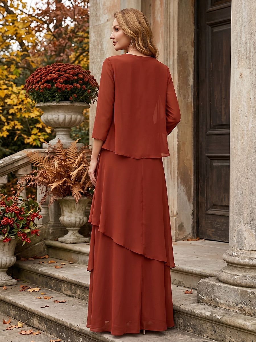 A-Line/Princess Scoop Ruched Floor-Length Chiffon Mother of the Bride Dresses with Ruffles & Jacket