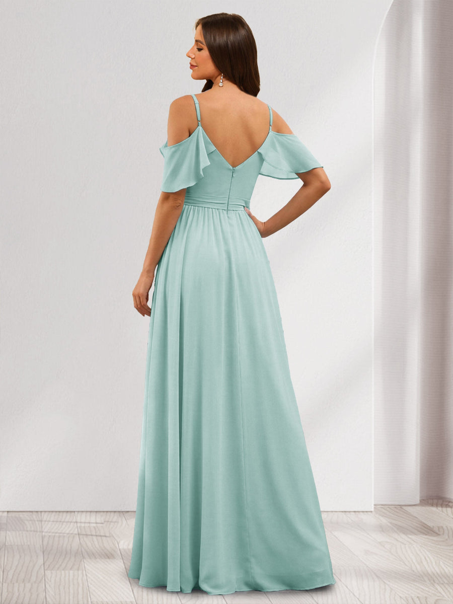 A-Line/Princess V-Neck Spaghetti Straps Floor-Length Chiffon Bridesmaid Dresses with Ruffles