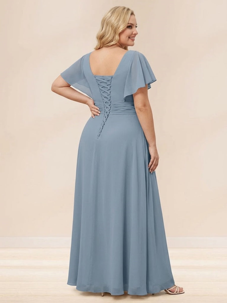 A-Line/Princess V-Neck Long Plus Size Bridesmaid Dresses with Ruffles