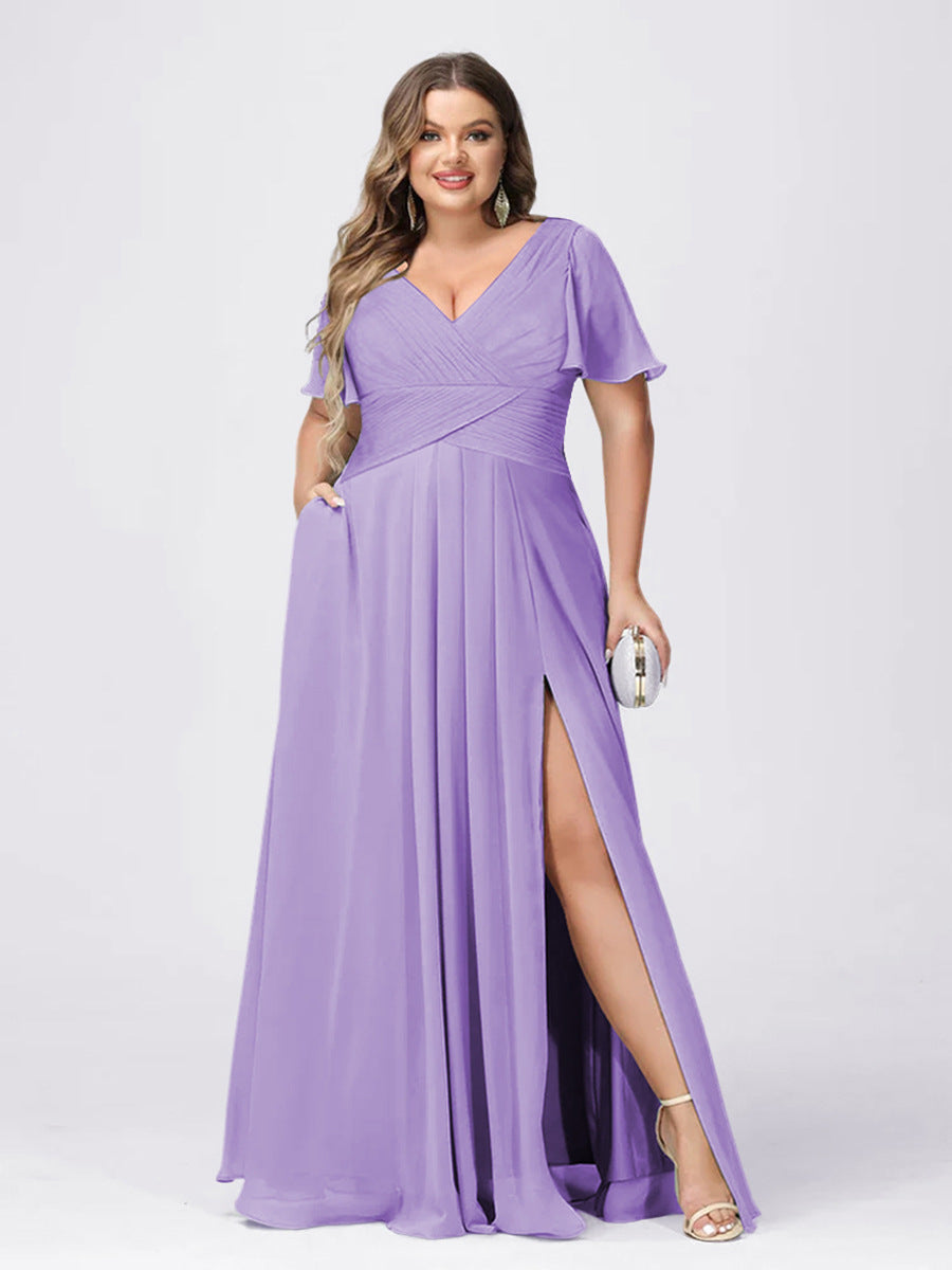 A Line/Princess V-Neck Short Sleeves Plus Size Bridesmaid Dresses with Lavetir UK A Line/Princess V-Neck Short Sleeves Plus Size Bridesmaid Dresses with Lavetir UK