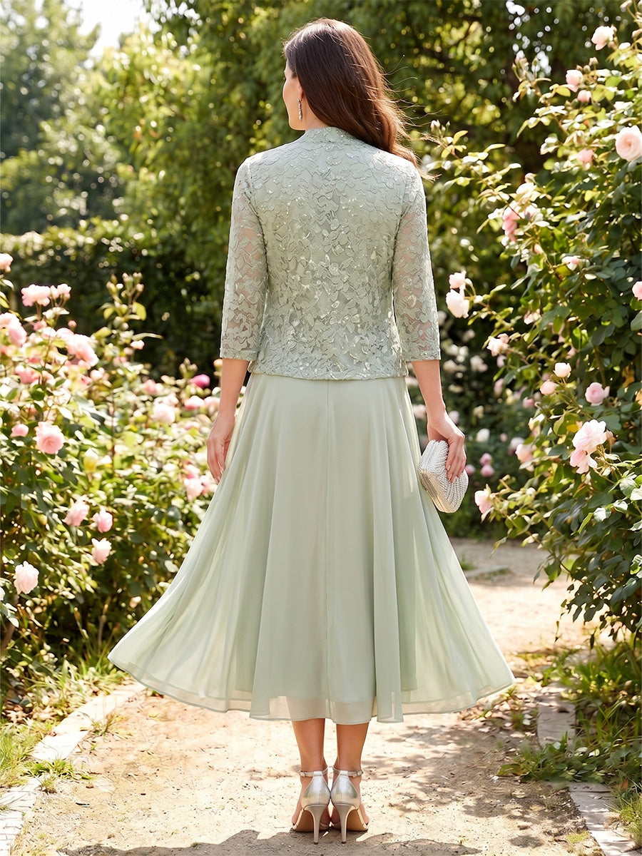A-Line/Princess Scoop 3/4 Sleeves Tea-Length Mother of the Bride Dresses with Applique & Jacket