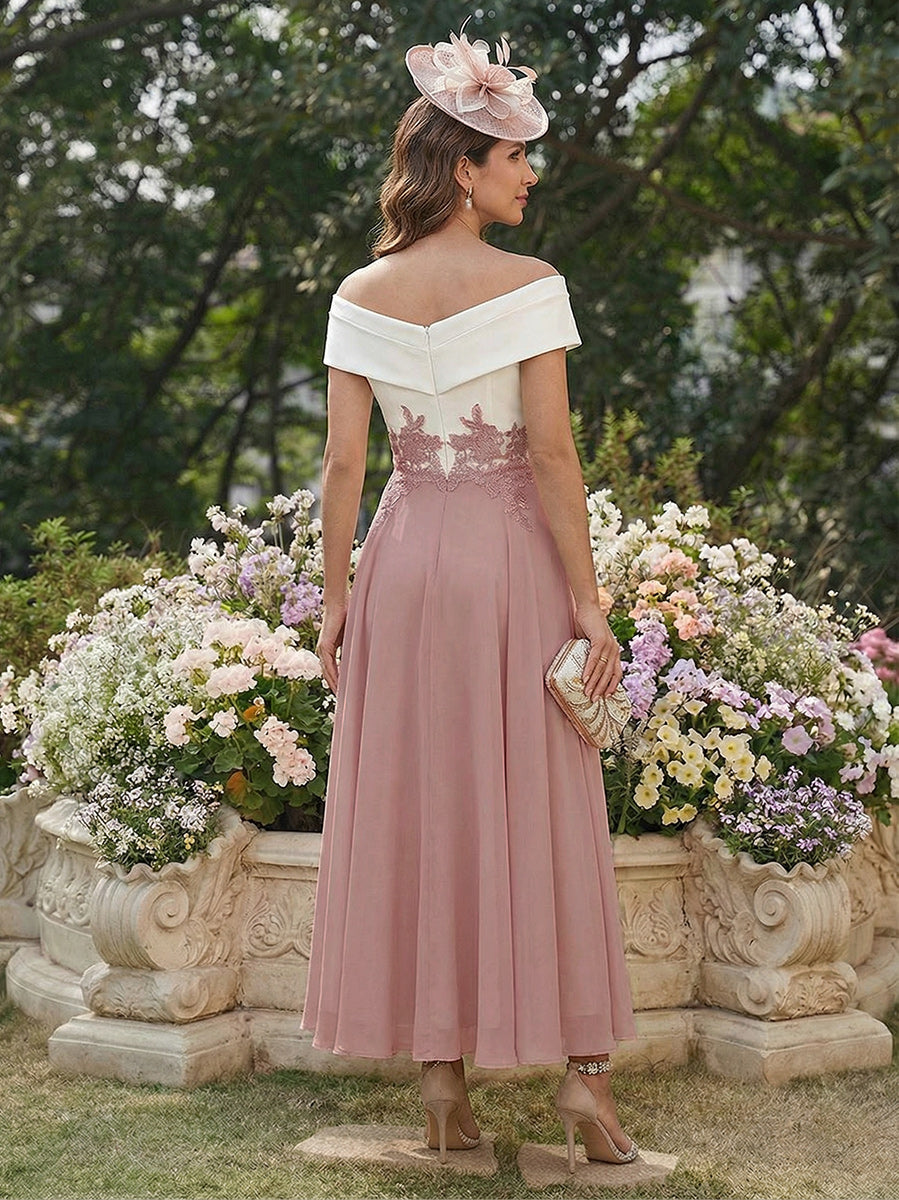 A-Line/Princess V-Neck Cap Sleeves Tea-Length Mother of the Bride with Appliques