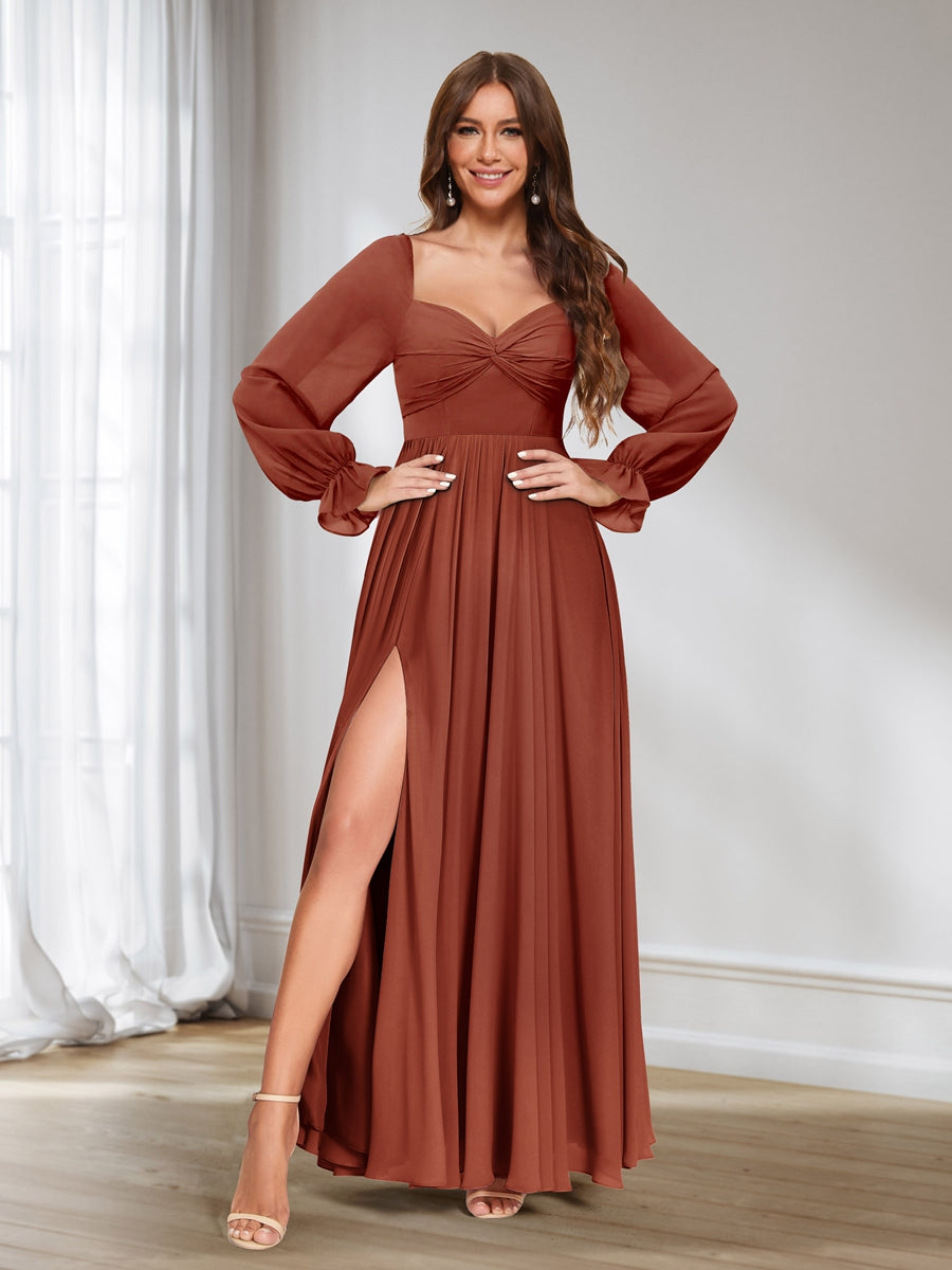 A-Line/Princess Sweetheart Chiffon Long Sleeves Bridesmaid Dresses wit Lavetir UK A-Line/Princess Sweetheart Chiffon Long Sleeves Bridesmaid Dresses wit Lavetir UK