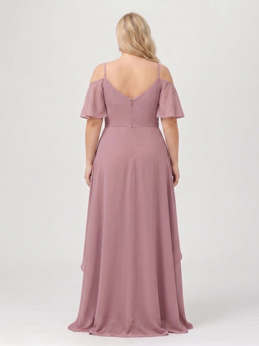 A-Line/Princess Spaghetti Straps Half Sleeves V-Neck Plus Size Bridesmaid Dresses With Ruffles