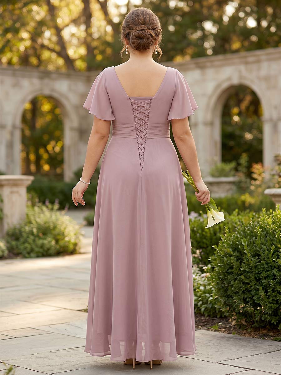 A-Line/Princess V-Neck Short Sleeves Asymmetrical Chiffon Plus Size Bridesmaid Dresses with Ruffles & Ruched