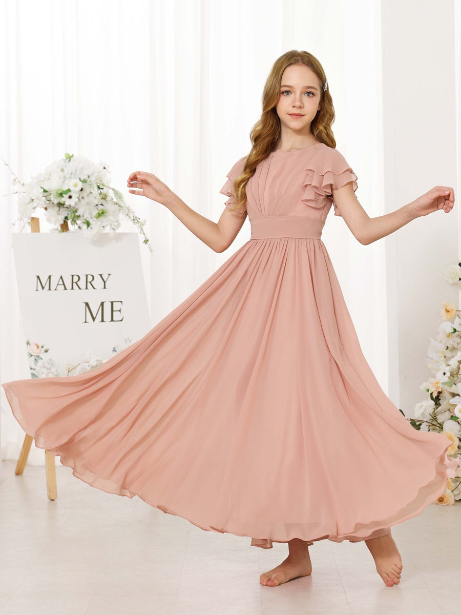A-Line/Princess Chiffon Short Sleeves Scoop Neck Ankle-Length Junior B   Lavetir UK