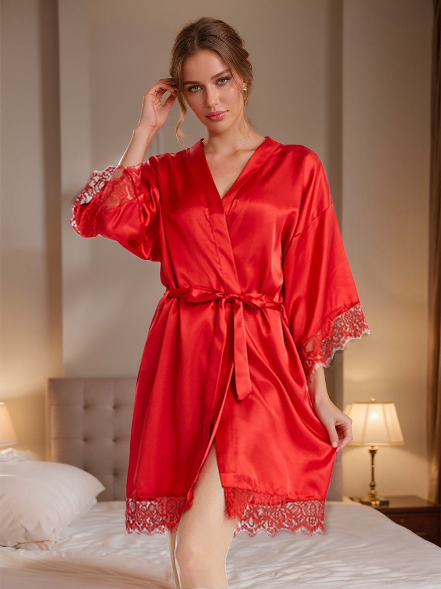 Silk Satin Short/Mini Solid Colour Bride Robes with Lace Trim