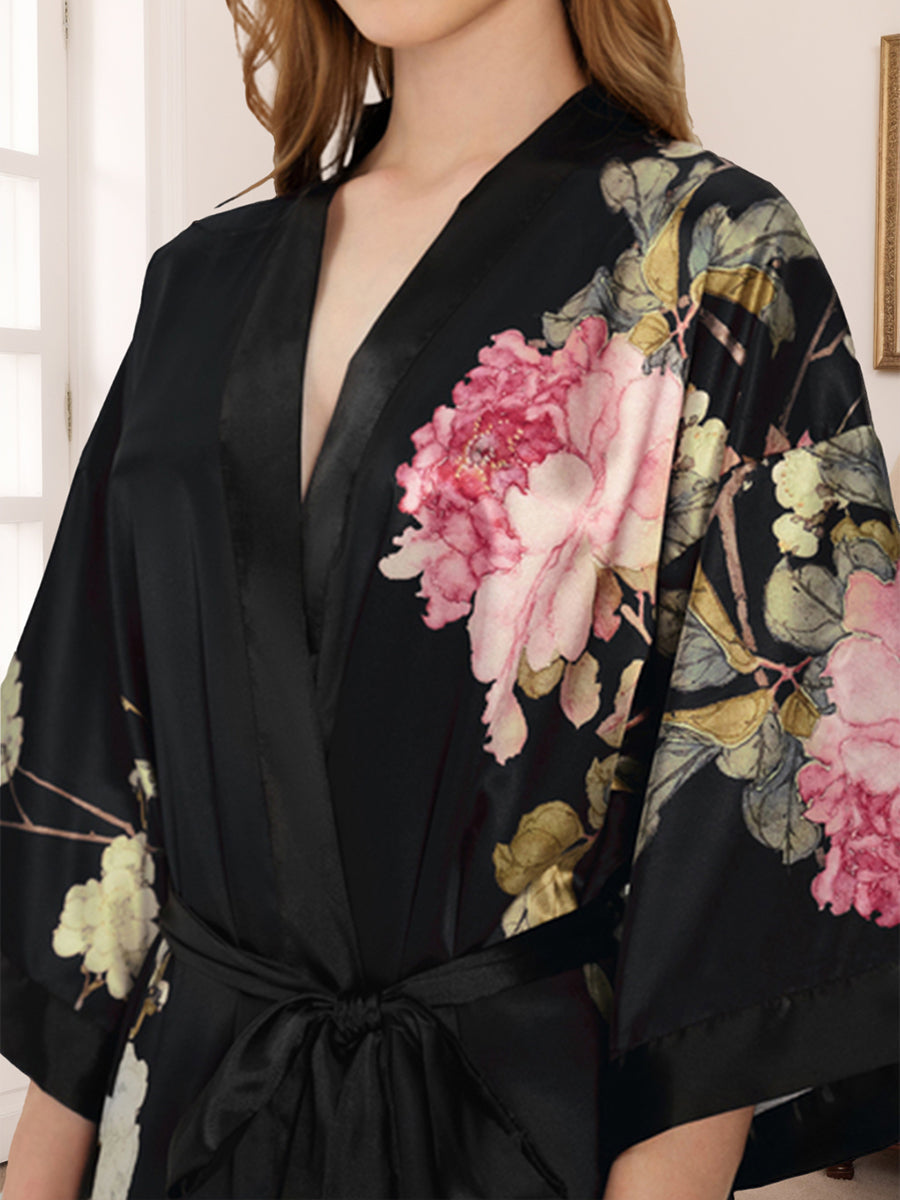 Women's Black Printed Peony 3/4 Sleeves Long Bride Robe