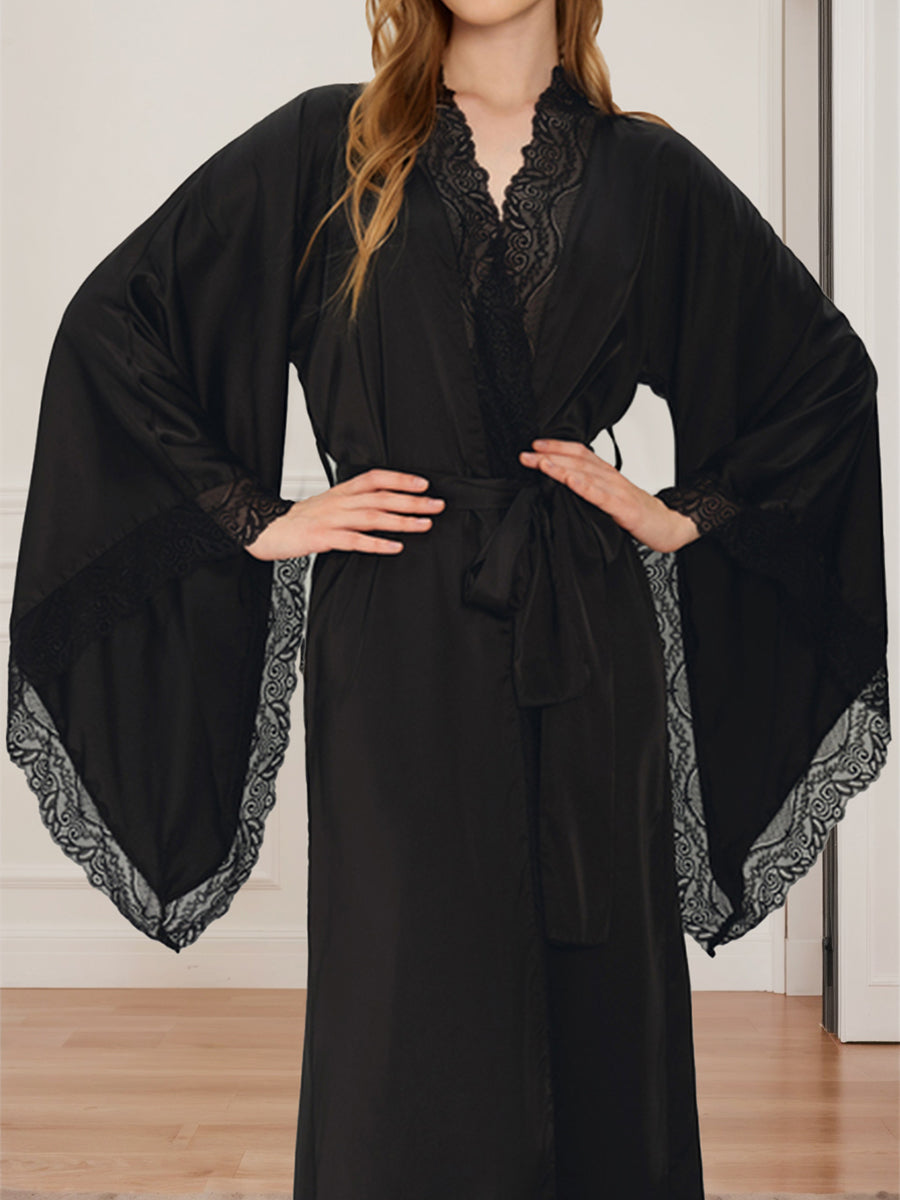 Luxurious Solid Coloured Long Women's Bridal Robe with Lace Trim