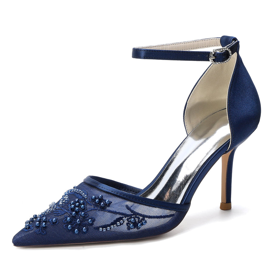 Women's Lace Silk Satin With Lace Ankle Strap Closed Toe Stiletto Heel Evening Shoes