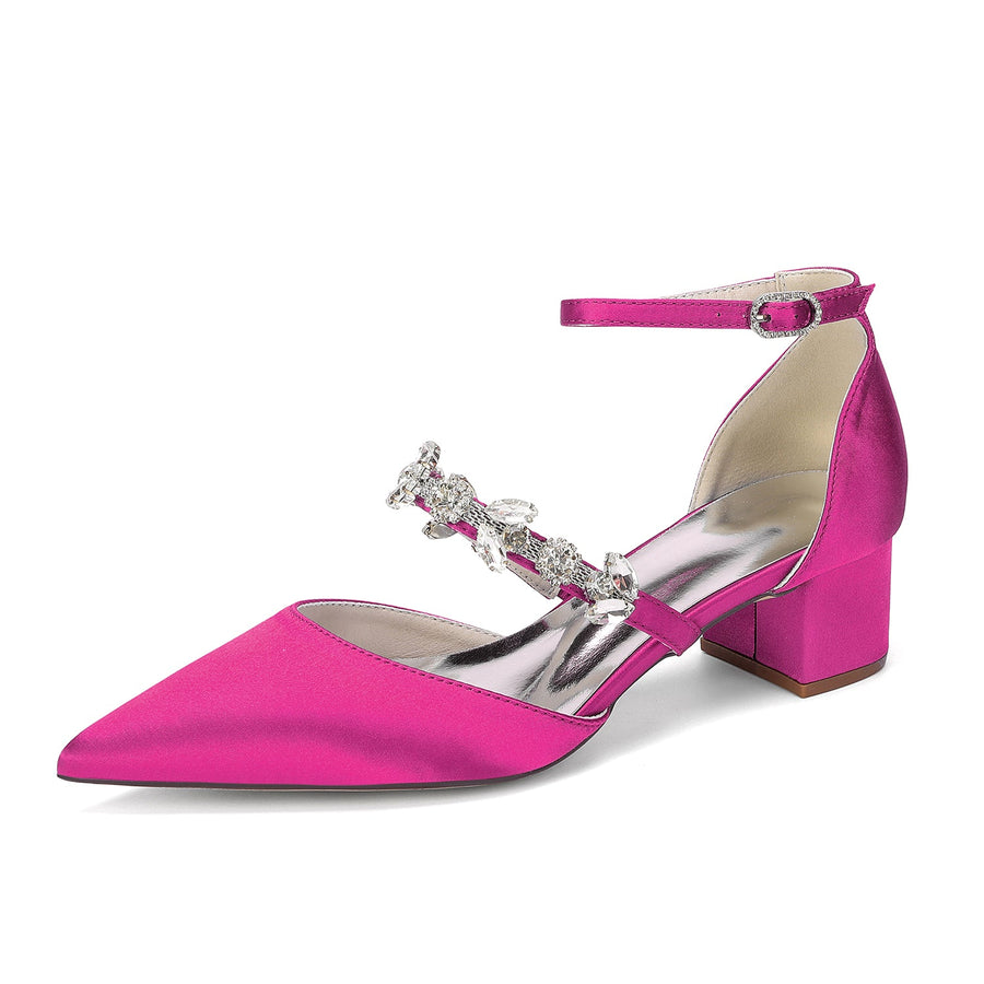 Women's Silk Satin With Closed Toe Ankle Strap Chunky Heel Evening Shoes With Rhinestone