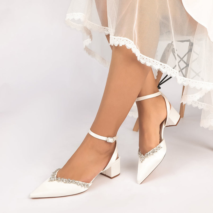 Women's Silk Satin With Closed Toe Ankle Strap Chunky Heel Evening Shoes With Rhinestone