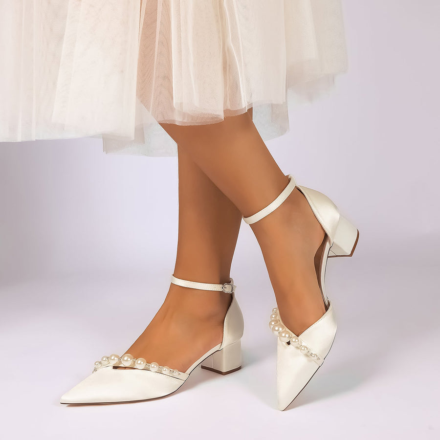 Women's Silk Satin With Closed Toe Ankle Strap Chunky Heel Evening Shoes With Pearl