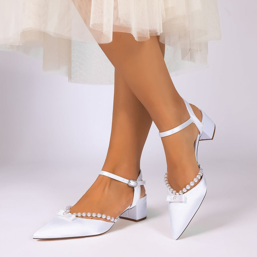 Women's Silk Satin With Closed Toe Ankle Strap Chunky Heel Evening Shoes With Rhinestone & Bowknot