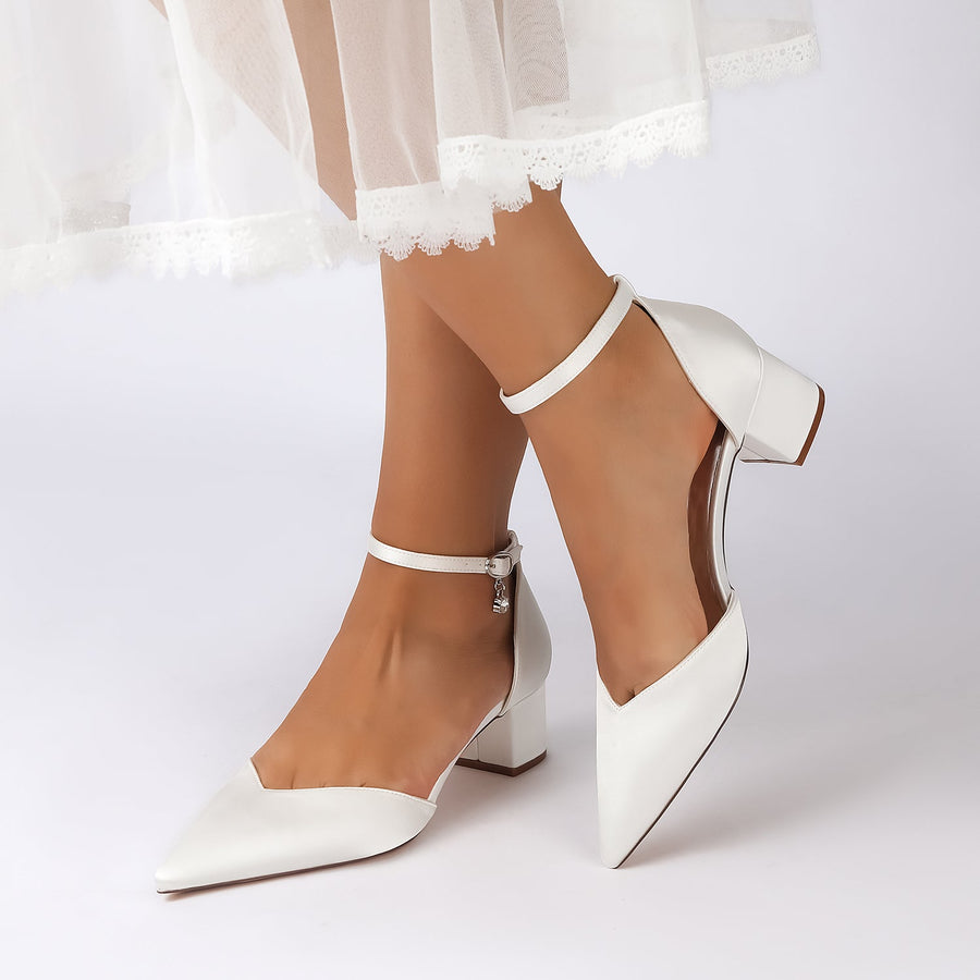 Women's Silk Satin With Closed Toe Ankle Strap Chunky Heel Evening Shoes With Rhinestone