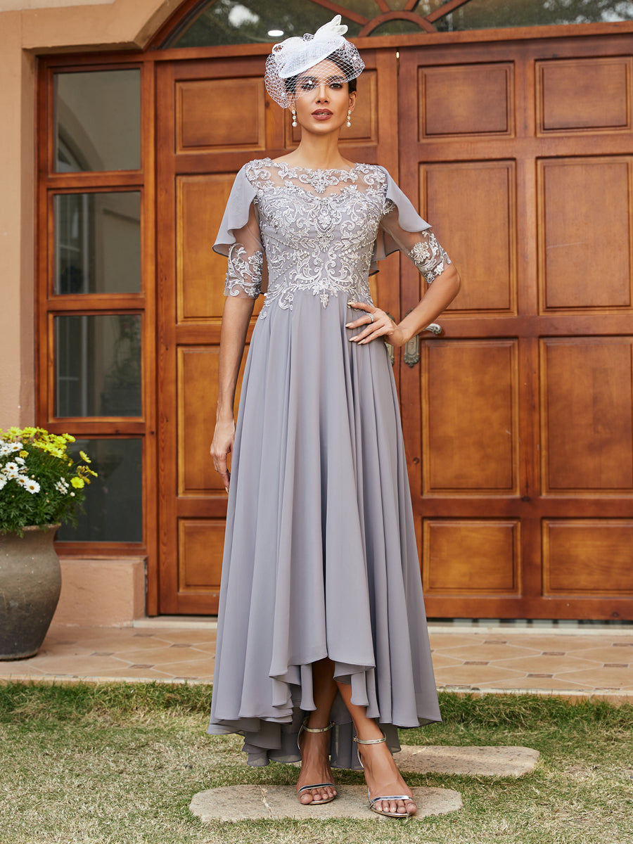 A-Line/Princess Sheer Neck Half Sleeves Long Evening Dresses with Appl Lavetir UK A-Line/Princess Sheer Neck Half Sleeves Long Evening Dresses with Appl Lavetir UK