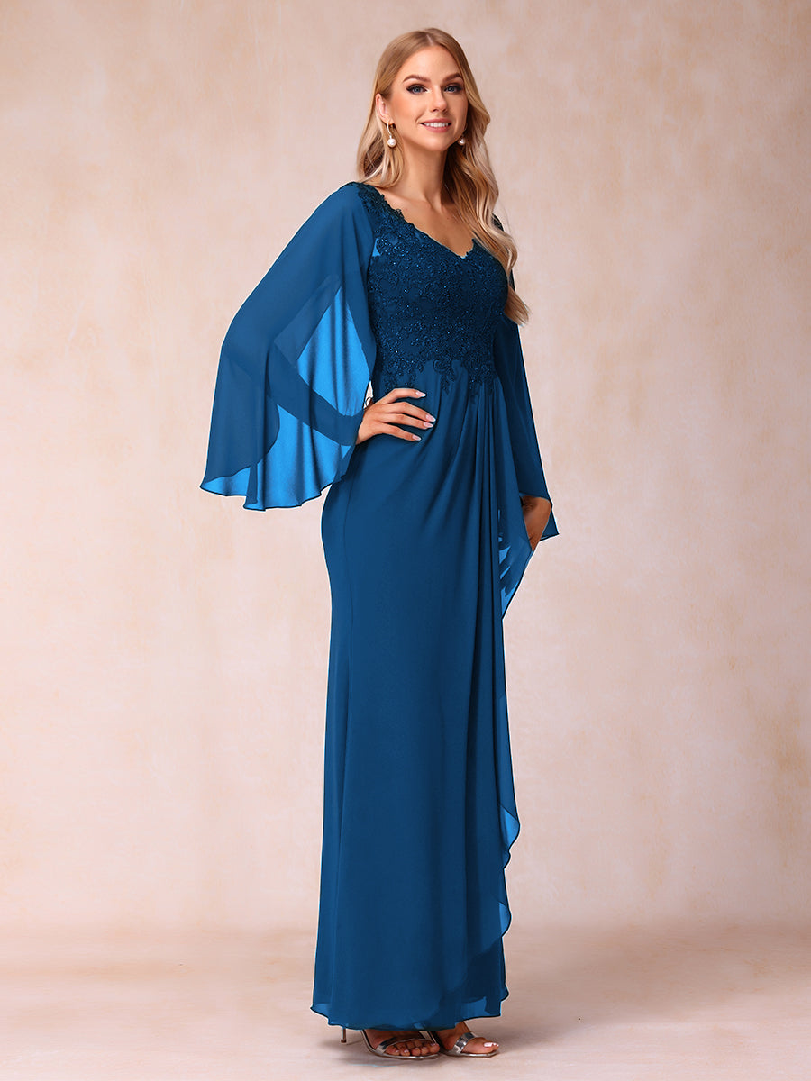 Sheath/Column V-Neck Long Sleeves Long Formal Evening Dresses with Sequins & Appliques