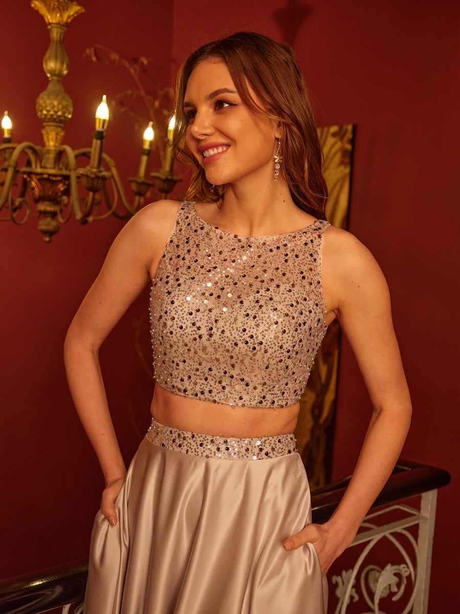 A-Line/Princess Scoop Sleeveless Two Piece Long Prom Dresses