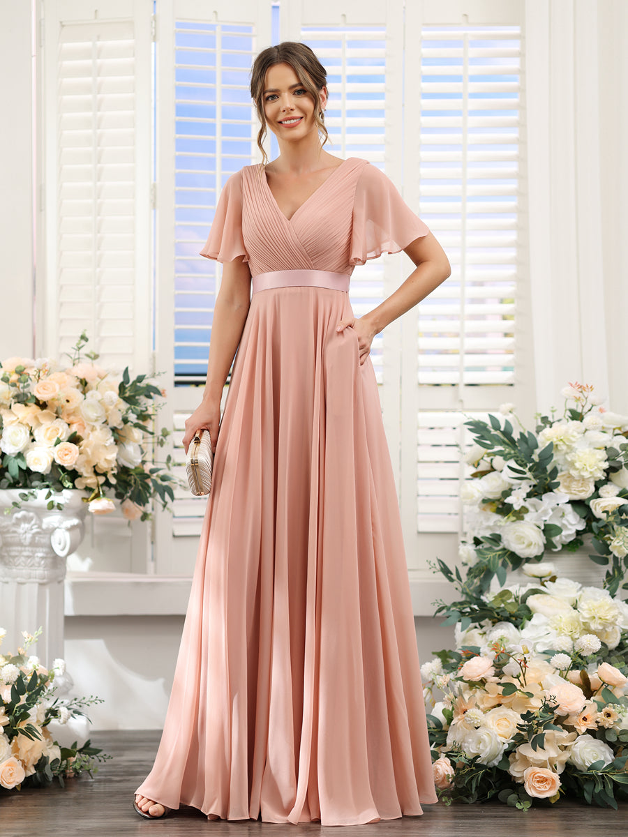 A-Line V-Neck Short Sleeves Chiffon Bridesmaid Dresses with Pockets Lavetir UK A-Line V-Neck Short Sleeves Chiffon Bridesmaid Dresses with Pockets Lavetir UK