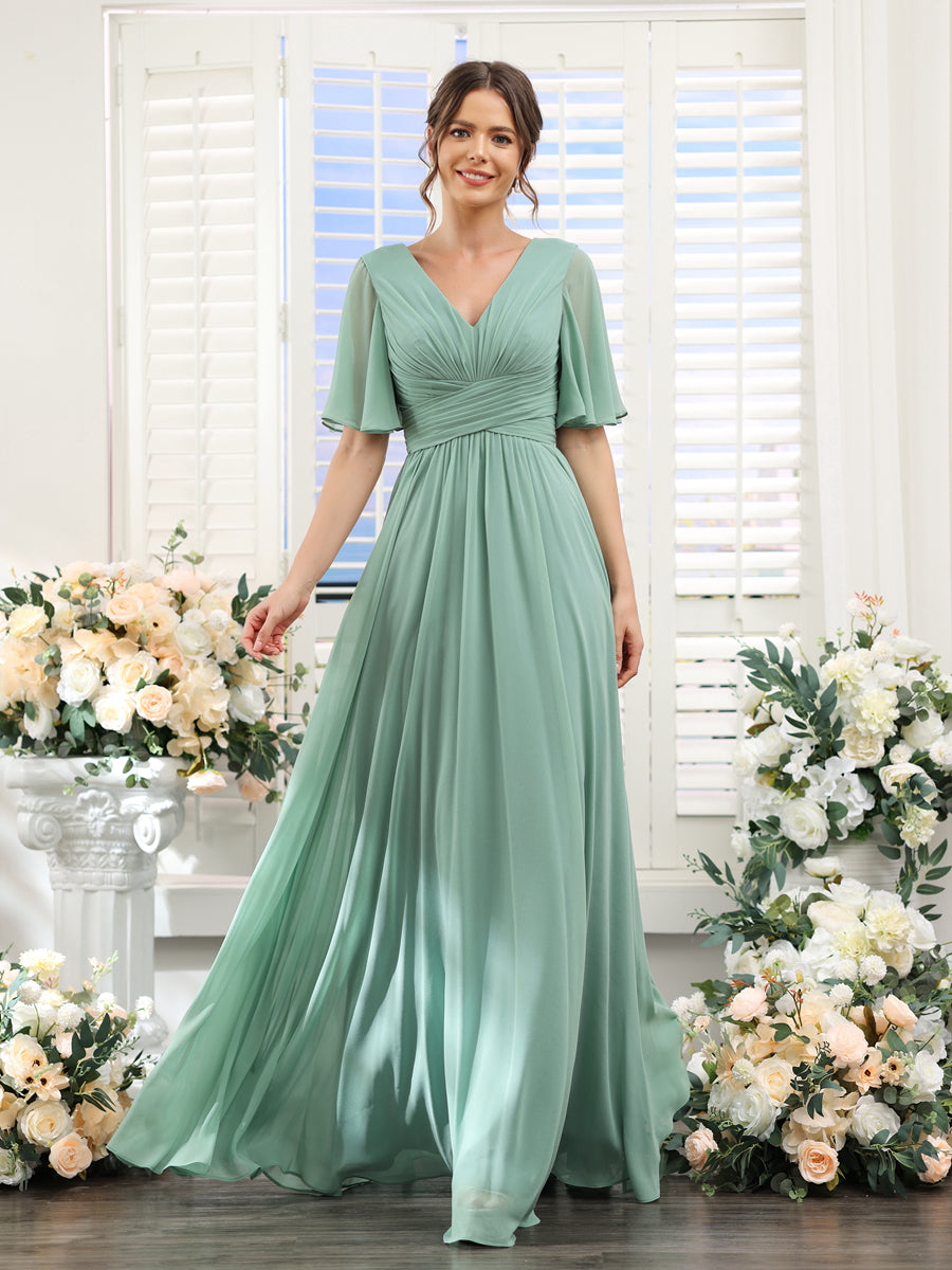 A-Line V-Neck Half Sleeves Split Side Chiffon Bridesmaid Dresses With Lavetir UK A-Line V-Neck Half Sleeves Split Side Chiffon Bridesmaid Dresses With Lavetir UK