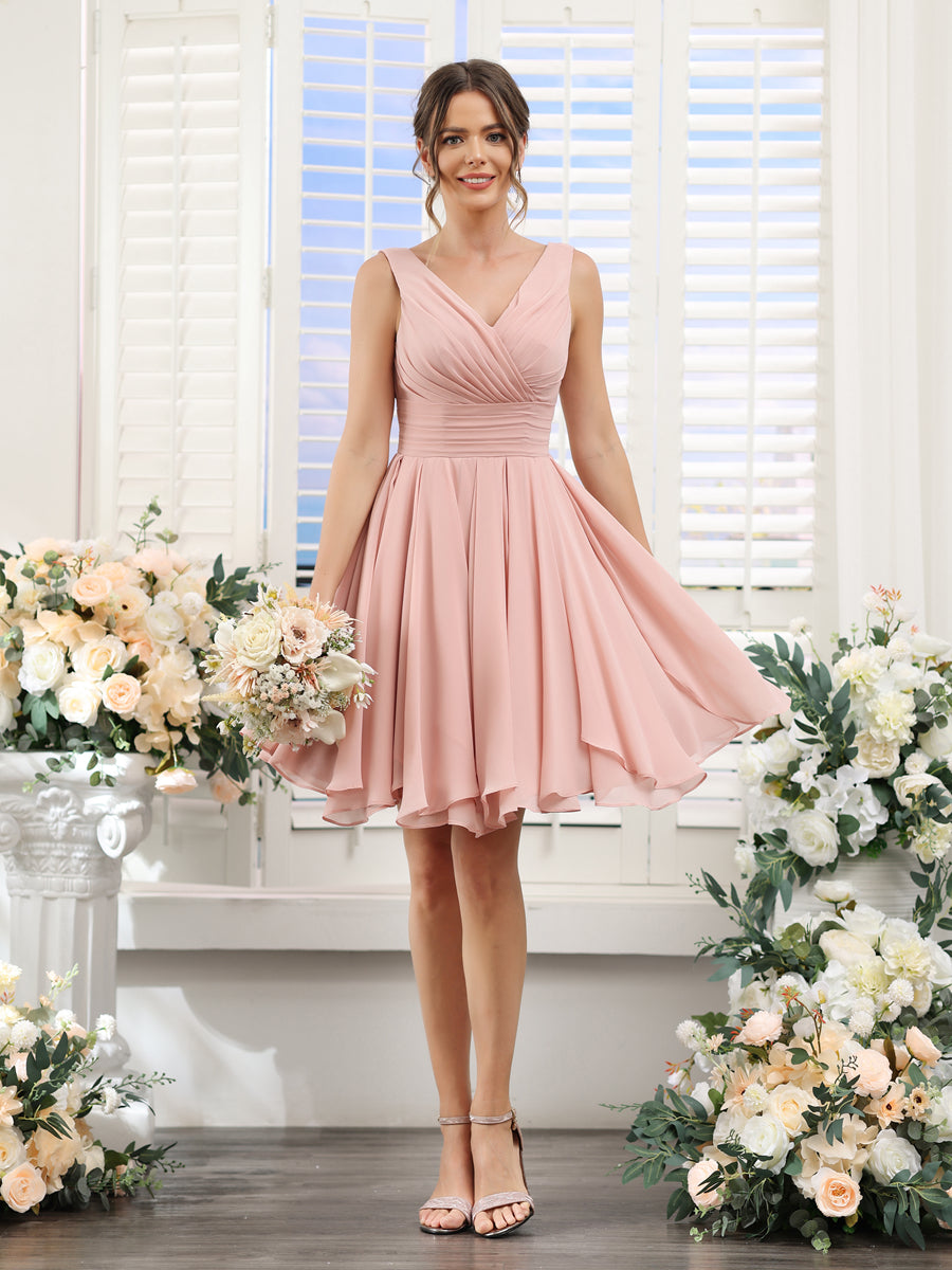 A-Line V-Neck Sleeveless Ruched Chiffon Short Bridesmaid Dresses – Lavetir  UK