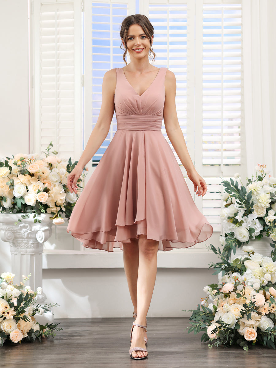 A-Line V-Neck Ruched Sleeveless Short Chiffon Bridesmaid Dresses Lavetir UK A-Line V-Neck Ruched Sleeveless Short Chiffon Bridesmaid Dresses Lavetir UK