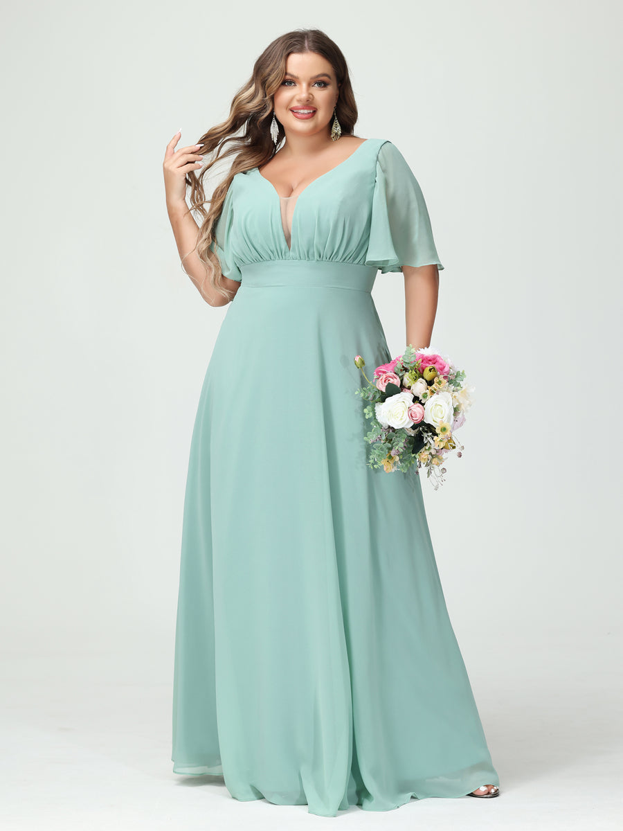 A-Line/Princess V-Neck Half Sleeves Chiffon Plus Size Bridesmaid Dress Lavetir UK A-Line/Princess V-Neck Half Sleeves Chiffon Plus Size Bridesmaid Dress Lavetir UK