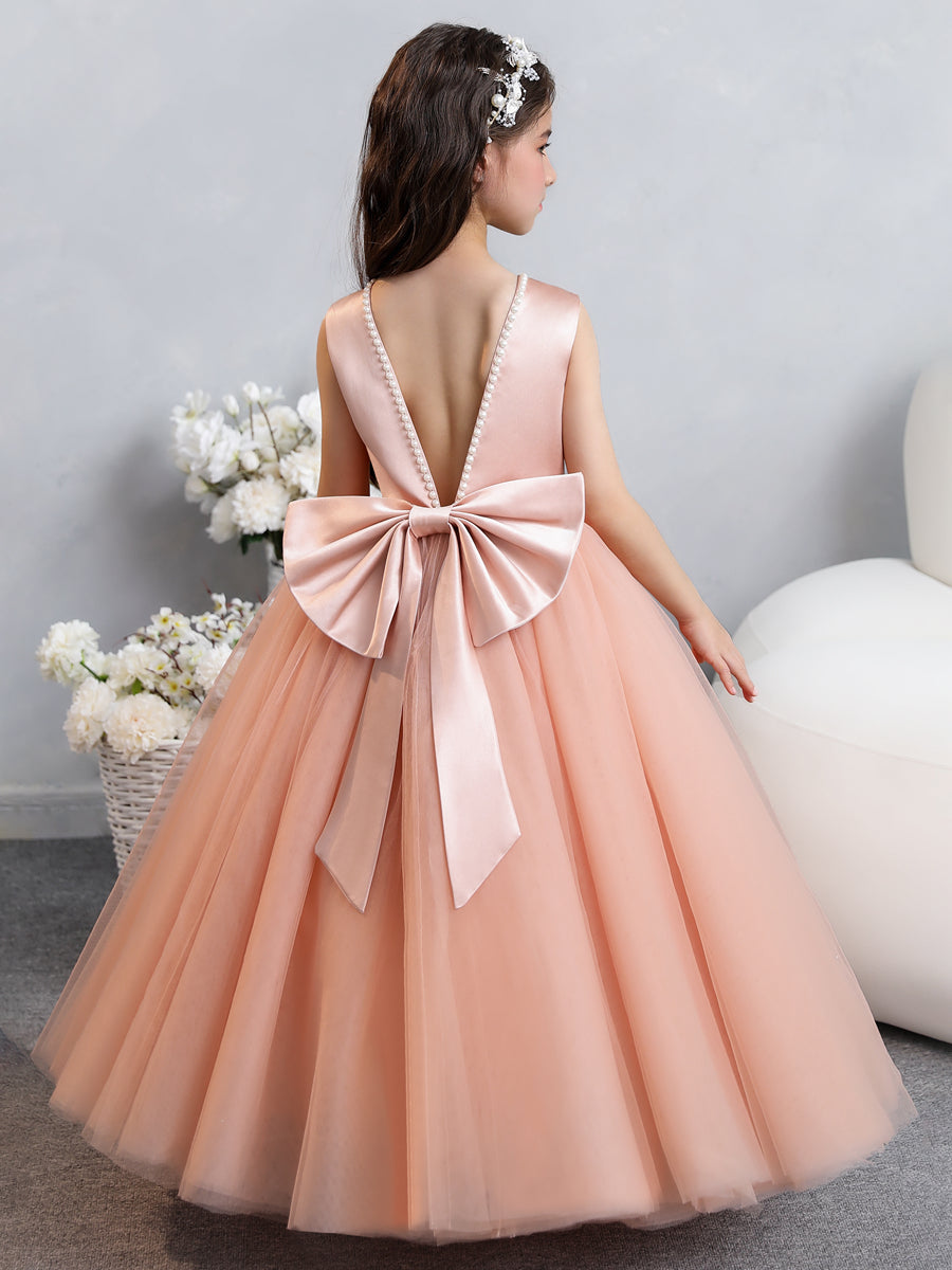 Crew Neck Tulle Flower Girl Dresses with Rhinestones & Bowknot