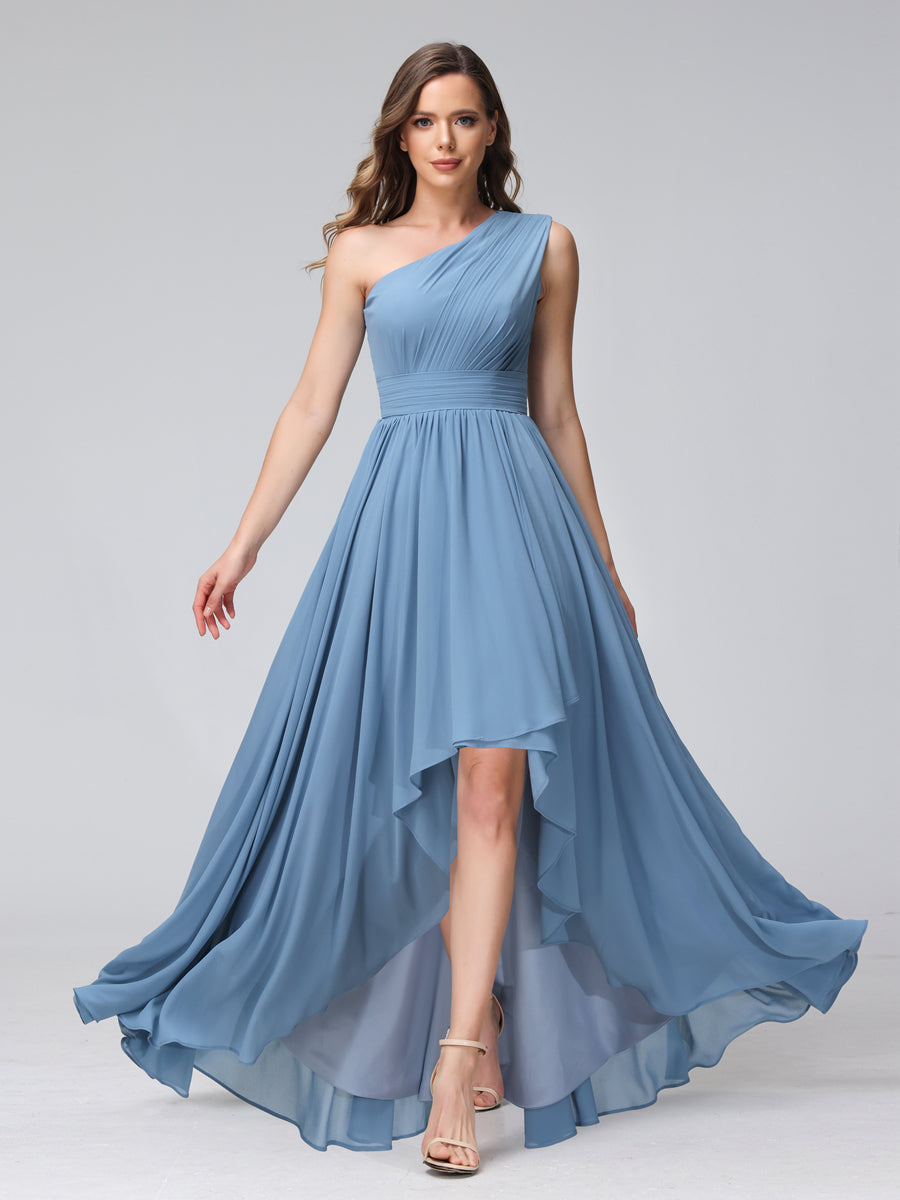 A-Line One-Shoulder Sleeveless Chiffon High Low Bridesmaid Dresses wit Lavetir UK A-Line One-Shoulder Sleeveless Chiffon High Low Bridesmaid Dresses wit Lavetir UK