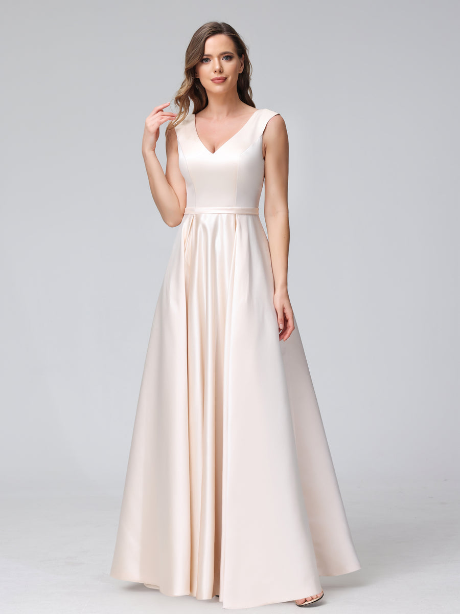 A-Line V-Neck Sleeveless Floor-Length Satin Bridesmaid Dresses With Po –  Lavetir UK