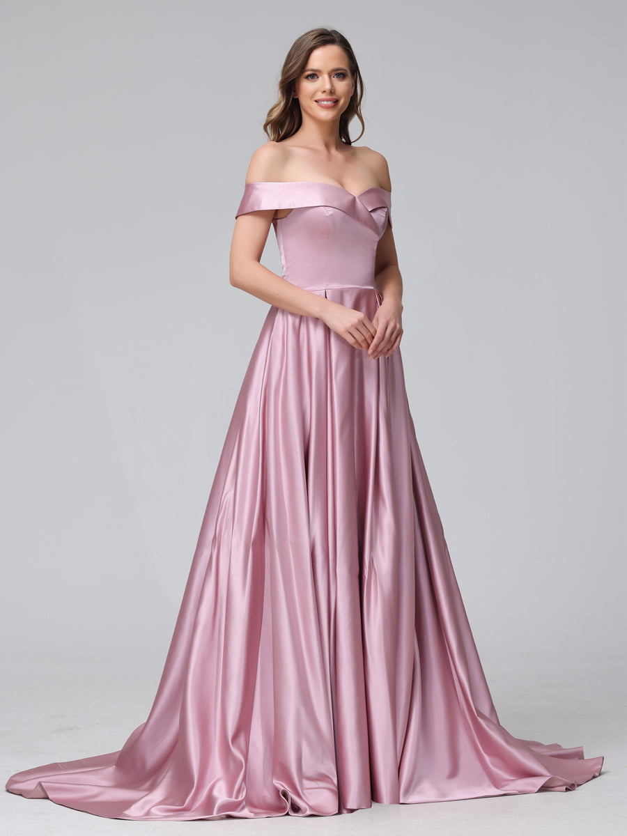 A-Line Off-the-Shoulder Long Satin Evening Dresses with Split Side & P Lavetir UK A-Line Off-the-Shoulder Long Satin Evening Dresses with Split Side & P Lavetir UK