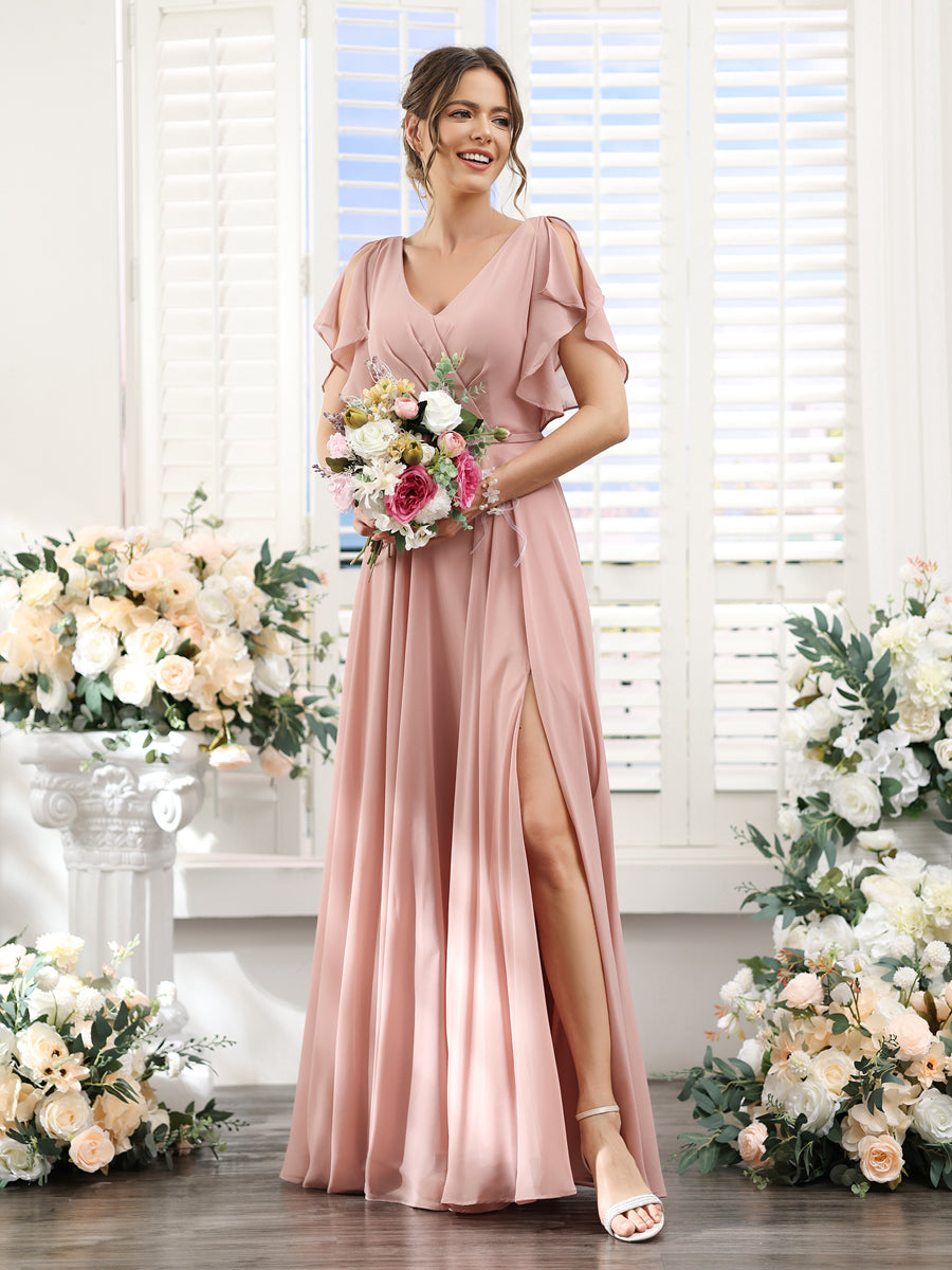 A-Line V-Neck Short Sleeves Split Side Floor-Length Chiffon Bridesmaid   Lavetir UK