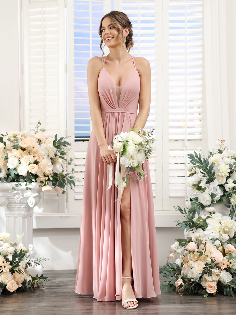 A-Line Spaghetti Strap Sleeveless Elegant Bridesmaid Dress Floor Length Nylon with Split Front