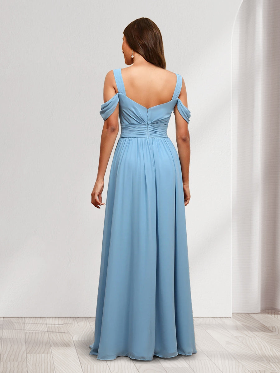 A-Line Cold Shoulder Split Side Ruched Floor-Length Chiffon Bridesmaid Dresses