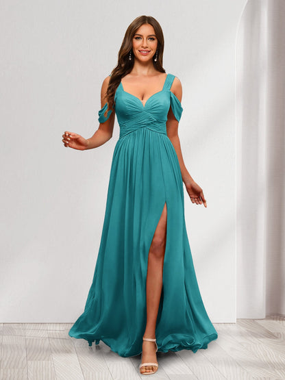 A-Line Cold Shoulder Split Side Ruched Floor-Length Chiffon Bridesmaid Dresses