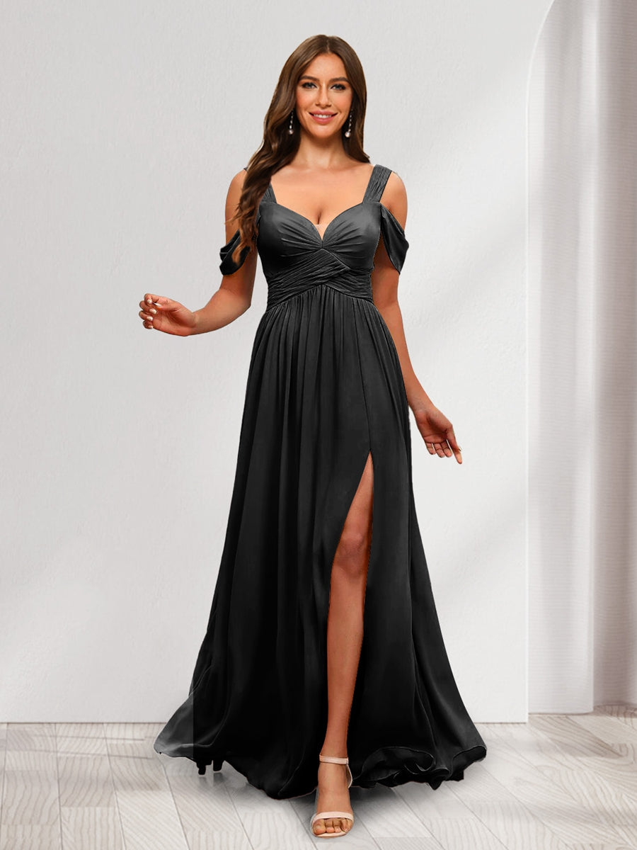 A-Line Cold Shoulder Split Side Ruched Floor-Length Chiffon Bridesmaid Dresses