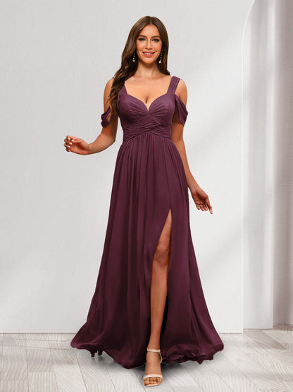 A-Line Cold Shoulder Split Side Ruched Floor-Length Chiffon Bridesmaid Dresses