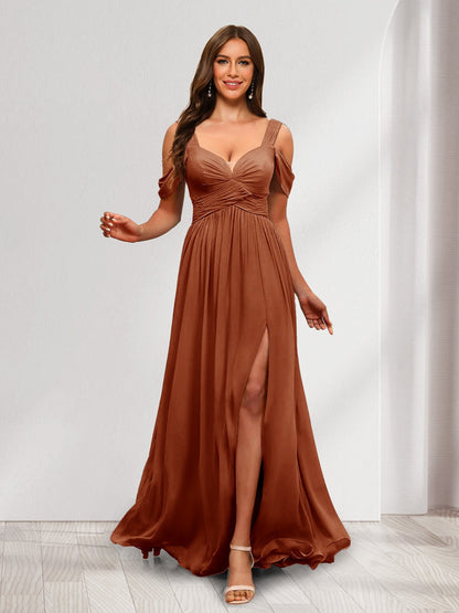 A-Line Cold Shoulder Split Side Ruched Floor-Length Chiffon Bridesmaid Dresses