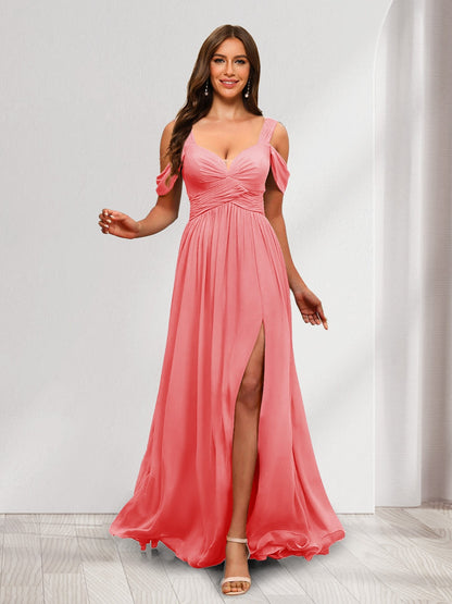 A-Line Cold Shoulder Split Side Ruched Floor-Length Chiffon Bridesmaid Dresses