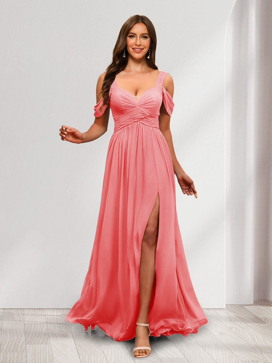 A-Line Cold Shoulder Split Side Ruched Floor-Length Chiffon Bridesmaid Dresses