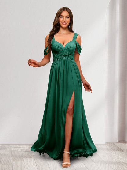 A-Line Cold Shoulder Split Side Ruched Floor-Length Chiffon Bridesmaid Dresses