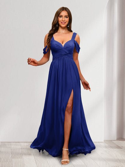 A-Line Cold Shoulder Split Side Ruched Floor-Length Chiffon Bridesmaid Dresses