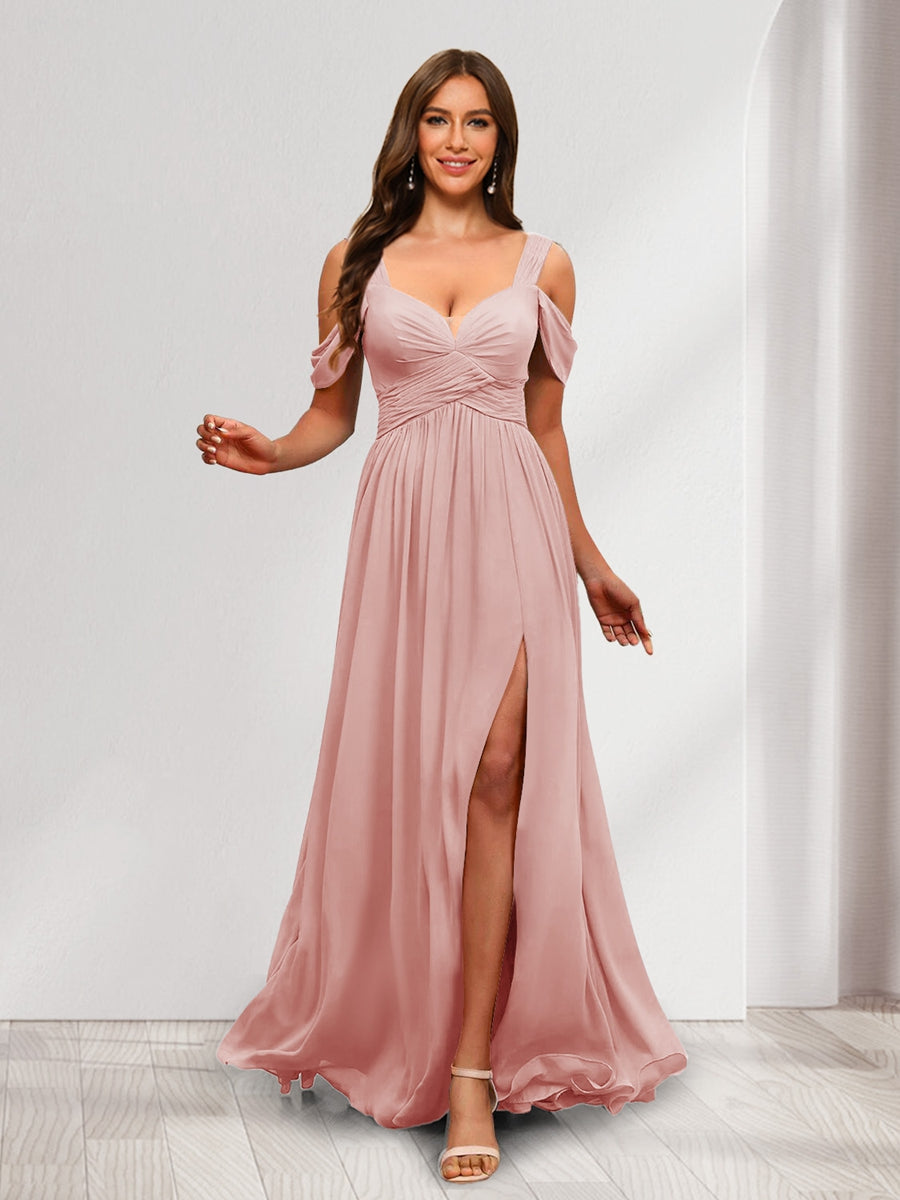 A-Line Cold Shoulder Split Side Ruched Floor-Length Chiffon Bridesmaid Dresses