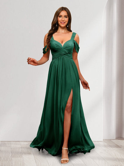 A-Line Cold Shoulder Split Side Ruched Floor-Length Chiffon Bridesmaid Dresses