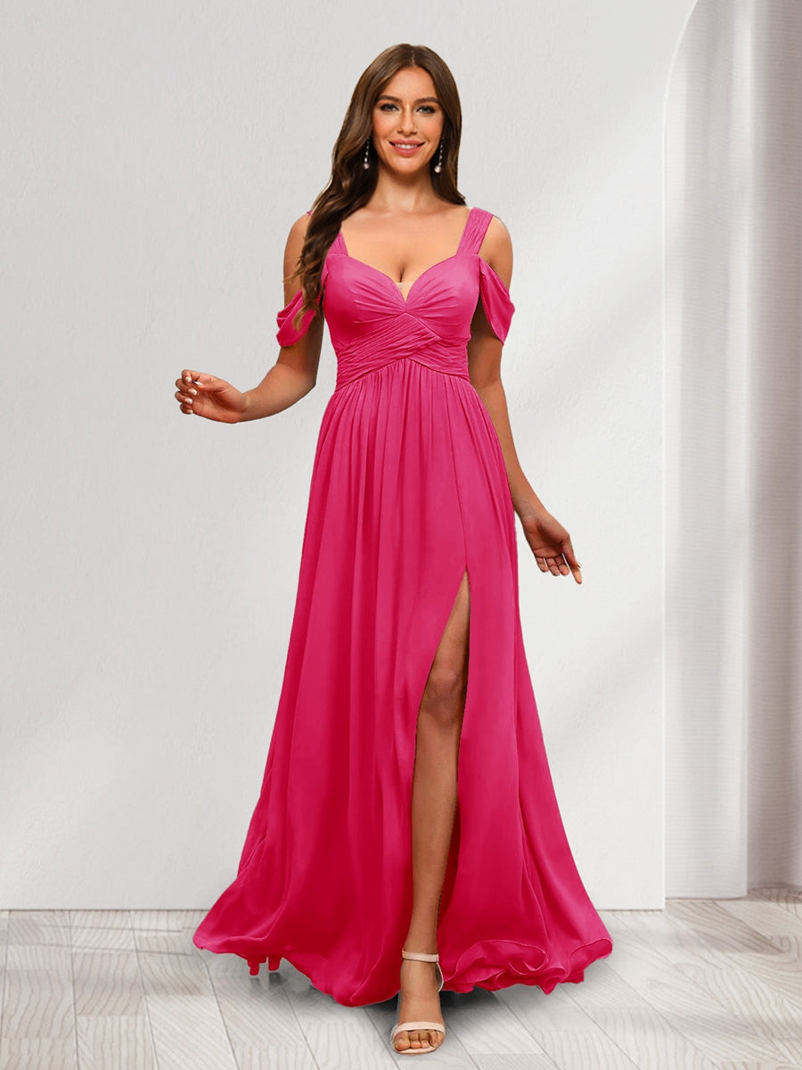 A-Line Cold Shoulder Split Side Ruched Floor-Length Chiffon Bridesmaid Dresses