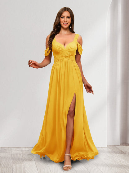 A-Line Cold Shoulder Split Side Ruched Floor-Length Chiffon Bridesmaid Dresses