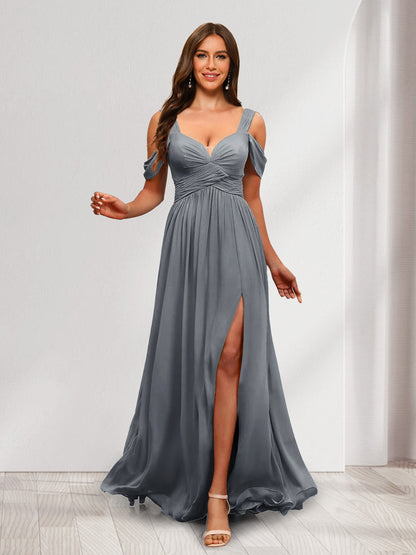 A-Line Cold Shoulder Split Side Ruched Floor-Length Chiffon Bridesmaid Dresses